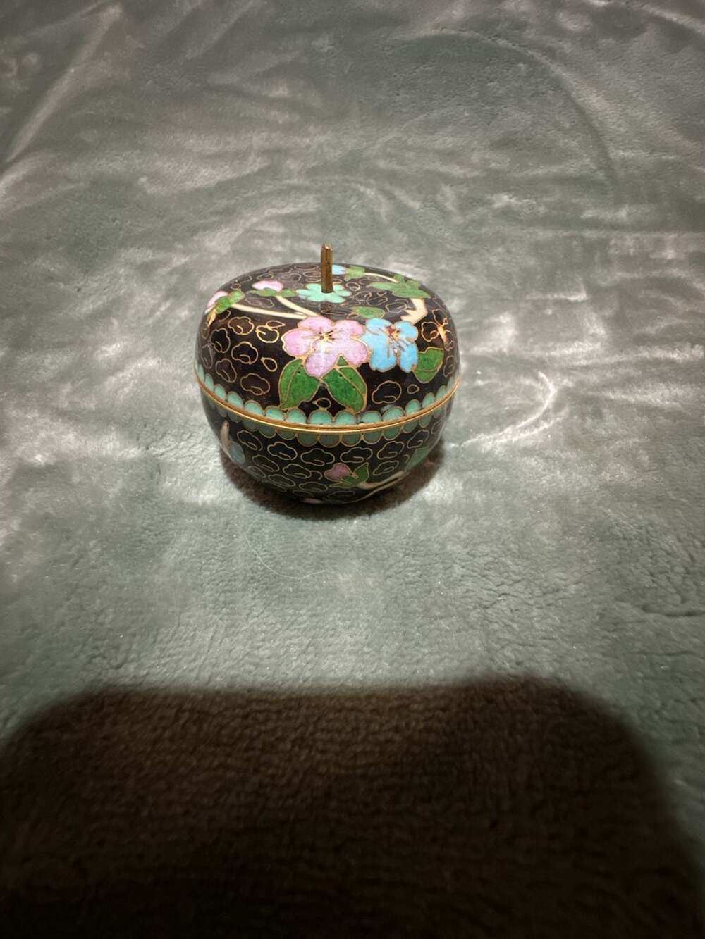 Cloisonne Apple Shaped Trinket Box with Floral Design and Blue Interior